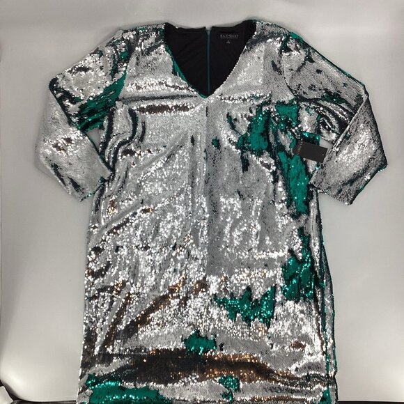 NWT ELOQUII Long Sleeve V-Neck Reversible Sequin Dress Silver Green Sz 24 Party - Picture 13 of 13